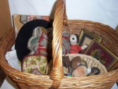 Sel. sewing ephemera inc. pin cushions, framed needlepoints etc.in large wicker basket