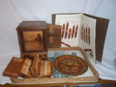 Inlaid smokers cabinet, inlaid cigarette dispenser, plate covered with cigar labels & cigar