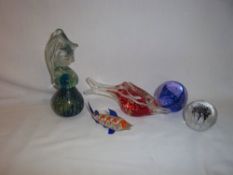 Mdina seahorse paperweight, glass fish, Caithness paperweights etc.