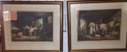 Pr of gilt framed lithographic prints depicting stable interior with pencil signature