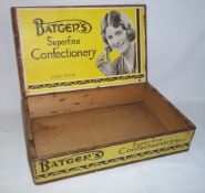 Sm. wooden lidded box bearing "Batger's Superfine Confectionery London" paper labels