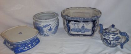 Blue & white teapot, plant pot, planter & stand