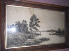 Lg. oak framed engraving depicting man fishing size approx. 64cm x 26.5cm