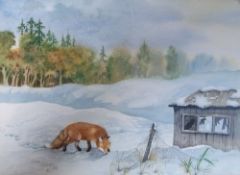 Framed watercolour depicting snow scene with fox in foreground by Brian Needham size approx w.49cm x