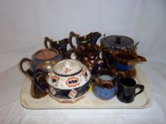 Sel. copper lustre jugs, teapots etc.