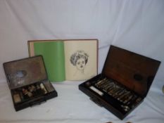 Windsor & Newton metal "Pen Painting Box" with part contents, Rowney London metal painting box