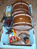 Mickey Mouse pull along toy, 3 model cars, 2 children's drums marked "J E Longcluse London" & bobbin