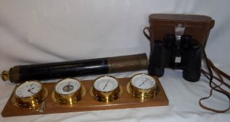 Set cased Nitschke binoculars 10 x 50, 3 drawer telescope & assorted barometres etc. mounted on