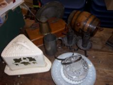 Wooden glove box, pewter tankard, pr wrought iron candlesticks, sm. barrel & stand, cheese bell