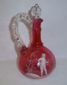 Cranberry glass decanter with Mary Gregory style enamel dec.