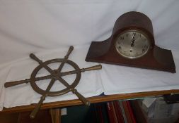 Westminster chime mantel clock & brass ships wheel