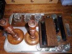 Sel. ink stands, inkwells & pr oak candlesticks