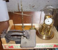 Schatz torsion clock under glass dome, Willcox & Gibbs sewing machine & set of brass pharmacy scales