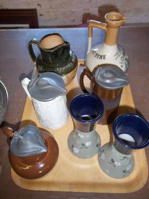 Sel. dec. stoneware inc. Dewars Whisky, Auld Lang Syne jug & pr Lovatt's Langley Ware vases