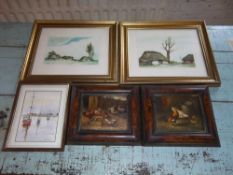 Sm. framed watercolour depicting boats, pr modern oils on board depicting chickens & pr framed