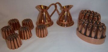 Pr sm. copper jugs, set 6 sm. copper jelly moulds & pr copper jelly moulds