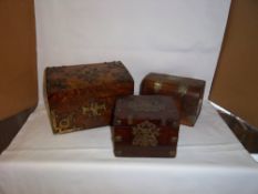 Vict. burr walnut tea caddy with brass decoration, & 2 others