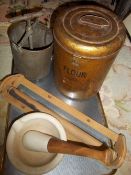 Flour canister, tongue press, pestle & mortar & towel rail