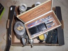 Sel. pewter inc. candlesticks, box with Tutankhamun on lid, sel. coloured pencil leads etc.