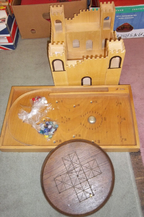 Wooden fort, bagatelle board & wooden solitaire board with sel. modern marbles