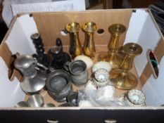 Brass candlesticks, pewter graduating mugs, onyx eggs, Prince of Wales 1929 Bass beer bottle, etc.