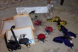 Camera tripod, wall mounted insects, wooden trays, salt & pepper grinders etc.