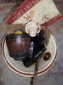 Earthenware bread bowl, wooden dairy bowl, Allsopp's glass bottle etc.