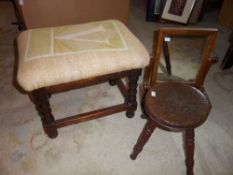 Wooden footstool with bobbin twined legs, wooden milking stool & sm. toilet mirror