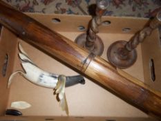 Wooden didgeridoo, pr oak candlesticks & horn bird