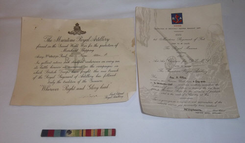2 certificates to H. Allen maritime Royal Artillery for WWII with ribbon bar for WWII medals