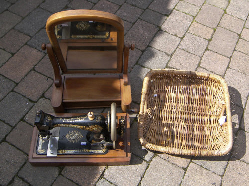 Singer sewing machine, toilet mirror, & sm. wicker basket