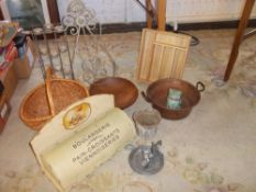 Wicker basket, brass panchion, wooden bowl, tea light holder, wall mounted dec. bracket, French