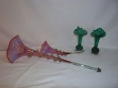 2 cranberry glass epergne trumpets & 2 green glass vases with clear glass prunt feet
