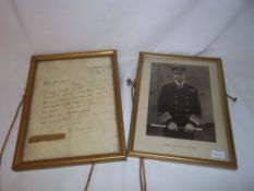 Framed black & white photograph of Admiral Sir John R Jellicoe & framed letter sent by him from