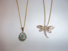 9ct gold dragonfly pendant on 9ct gold chain & 9 ct tear drop pendant set with green stones on 9ct