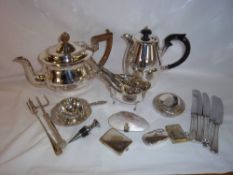 5 silver handled butter knives, mother of pearl shell purse, baby's rattle, & sel. S.P inc. vesta