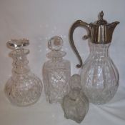 Cut glass claret jug with S.P mounts, 2 cut glass decanters & hobnail glass scent bottle
