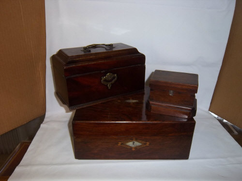 Vict. rosewood jewellery box 19th c. mah. tea caddy, & 1 other