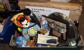 Goofy telephone, childs loom, pr candlesticks, Baxter print etc.