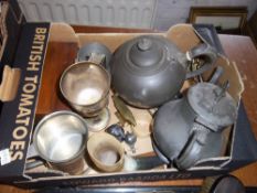 19th c. mah. tea caddy, sm. brass anvil, pewter tankard etc.