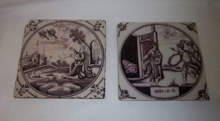 2 maganese Delft tiles with religious subjects