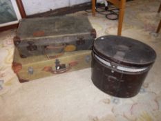 Metal hat box & 1 other & 2 suitcases