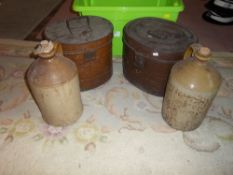 2 metal hat boxes, 2 stoneware flagons & painted dolls cot