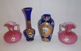 Pr Vict. squat vases with frilled rims & 2 Venetian glass vases with enamel & gilt dec.