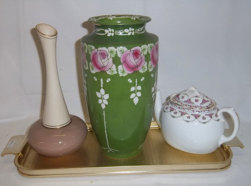 Shelley vase with transfer printed rose dec., Carlton Ware vase & Royal Doulton teapot