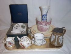 Royal Worcester decorative cup & saucer, buff jug with sprigged dec., Radford jug, planter etc.