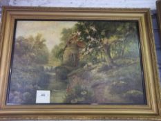 Gilt framed oil on canvas depicting a Drover with sheep on a country lane by cottages signed by