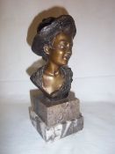 Sm. bronze bust in form of young peasant boy in hat on marble base, after Giovanni De Martino, total