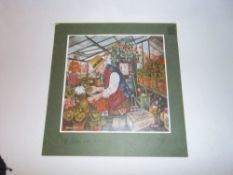 Mounted unframed print depicting a gentleman in the greenhouse with handwritten note from the artist