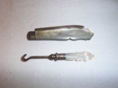 Silver & mother of pearl fruit knife & sm. mother of pearl handled button hook